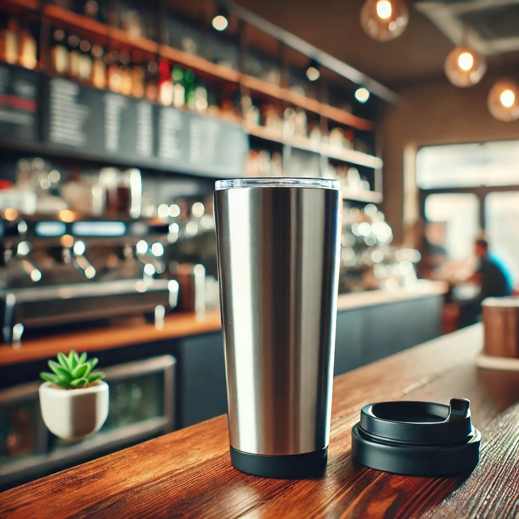 a sleek insulated travel tumbler on a coffee shop counter