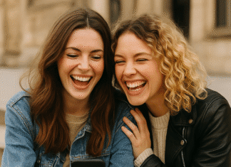 Best Comments to Leave on Best Friends Instagram (Funny, Heartfelt & Unique) Two best friends laughing together while looking at a smartphone—best comments to leave on best friends Instagram