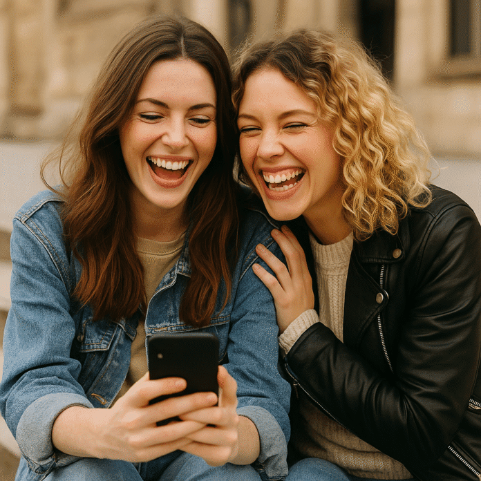 Best Friends Laughing While Using Instagram Two best friends laughing together while looking at a smartphone—best comments to leave on best friends Instagram