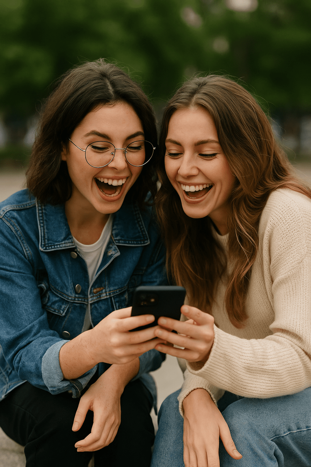 Funny comments to leave on best friends Instagram—two friends laughing at memes on a smartphone