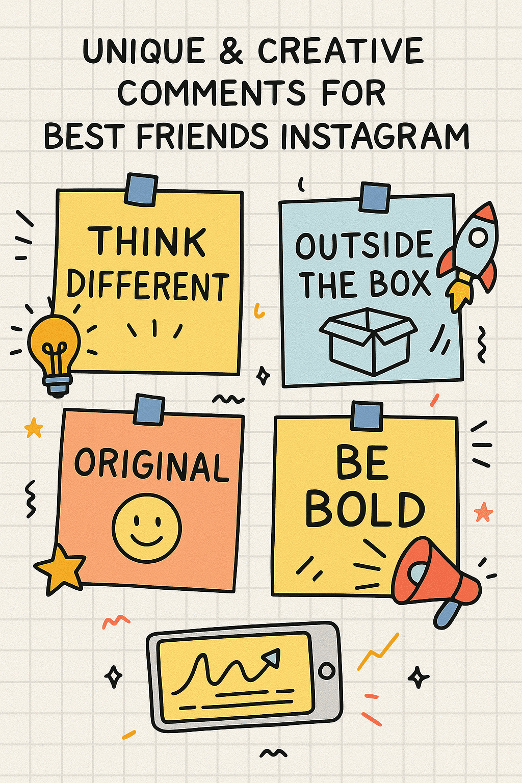 Unique comments to leave on best friends Instagram—doodle-style sticky notes with creative ideas