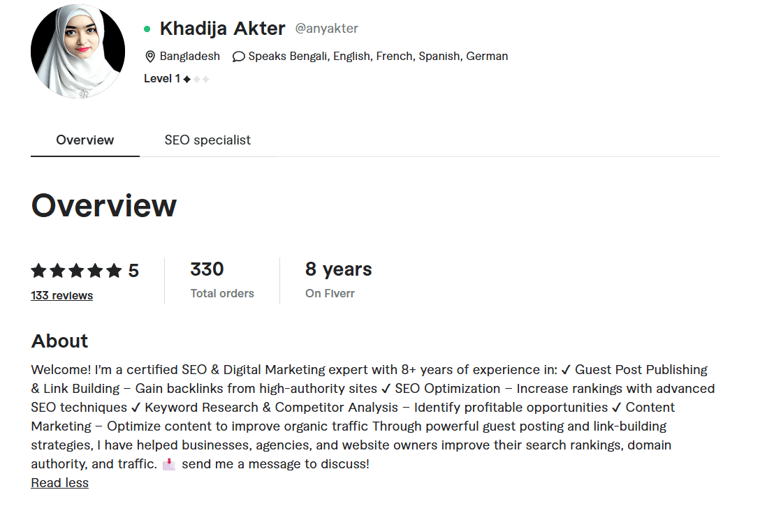Guest post outreach service Fiverr profile